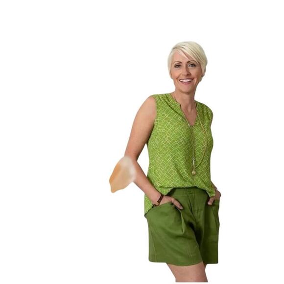 NWT CAbi #6383 Women's Green Tan V-Neck Cobblestone Blouse Top Size XL - Picture 2 of 9